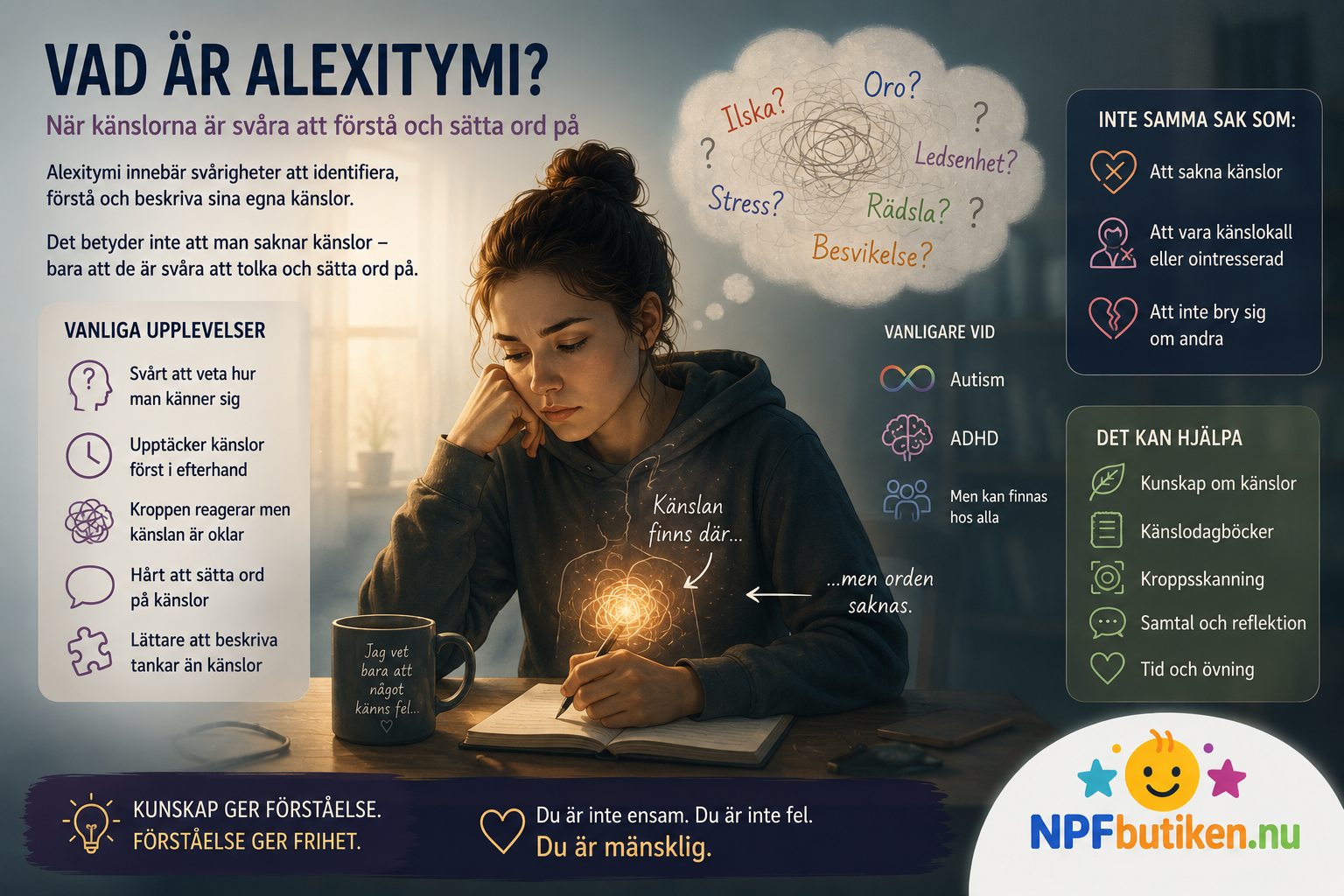 Bild som beskriver Alexitymi innebär svårigheter att identifiera, förstå och beskriva känslor. Läs om kopplingen till autism, ADHD, interoception och hur alexitymi påverkar vardagen.