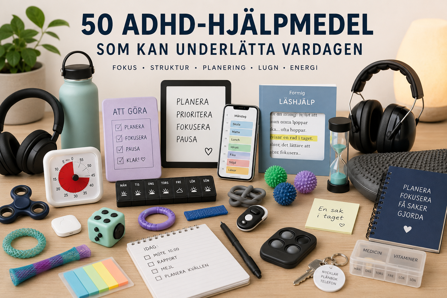 Illustration till NPFbutikens guide "50 ADHD-hjälpmedel som kan underlätta vardagen". Bilden visar ett organiserat skrivbord med olika typer av hjälpmedel för personer med ADHD, bland annat planeringsverktyg, kalender, checklista, timer, brusreducerande hörlurar, sensoriska hjälpmedel, fidget-produkter, medicindosett, anteckningsblock och visuella påminnelser. Hjälpmedlen symboliserar hur struktur, planering, fokus, tidsuppfattning och sensoriskt stöd kan bidra till en enklare vardag för barn, ungdomar och vuxna med ADHD. Guiden beskriver både praktiska produkter och digitala verktyg som kan användas hemma, i skolan och på arbetsplatsen för att minska stress, stärka de exekutiva funktionerna och öka självständigheten.