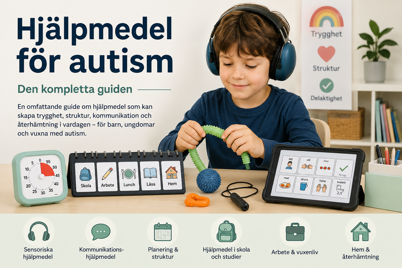 Illustration till NPFbutikens guide "Den kompletta guiden till hjälpmedel för autism". Bilden visar en lugn och strukturerad miljö där ett barn använder sensoriska hjälpmedel samtidigt som olika typer av stöd för kommunikation, planering och vardagsstruktur symboliseras. På bordet syns exempel på visuella scheman, timer, kommunikationsstöd och diskreta sensoriska hjälpmedel som illustrerar hur personer med autism kan få stöd i vardagen. Bilden representerar de många olika typer av hjälpmedel som kan bidra till ökad trygghet, struktur, kommunikation, självständighet och återhämtning för barn, ungdomar och vuxna med autism. Guiden beskriver hur hjälpmedel kan användas hemma, i skolan, på arbetsplatsen och i sociala sammanhang utifrån individuella behov och aktuell kunskap om autism och neuropsykiatriska funktionsnedsättningar (NPF).