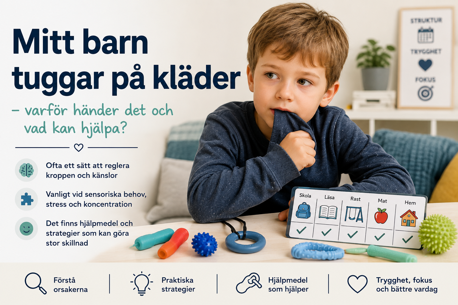 Illustration till NPFbutikens artikel "Mitt barn tuggar på kläder – varför händer det och vad kan hjälpa?". Bilden visar ett barn som tuggar på ärmen på sin tröja, ett vanligt beteende hos vissa barn med sensoriska behov. Runt barnet finns symboler och hjälpmedel som representerar struktur, kommunikation, koncentration och sensorisk självreglering, bland annat visuellt schema, sensoriska hjälpmedel och tugghjälpmedel. Artikeln förklarar varför vissa barn tuggar på kläder, tröjärmar, luvsnören eller andra föremål, hur beteendet kan hänga samman med sensoriska behov, autism eller ADHD och vilka strategier och hjälpmedel som kan bidra till en tryggare och mer fungerande vardag. Fokus ligger på att förstå beteendets funktion och erbjuda praktiska lösningar som stödjer barnets utveckling och välbefinnande.