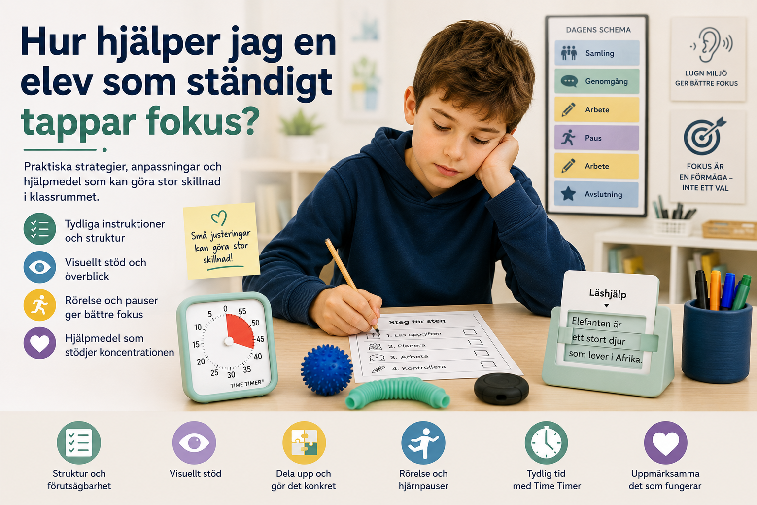 Illustration till NPFbutikens artikel "Hur hjälper jag en elev som ständigt tappar fokus?". Bilden visar en elev som arbetar vid sin skolbänk i en lugn och strukturerad klassrumsmiljö. Runt eleven syns exempel på hjälpmedel och pedagogiska anpassningar som kan underlätta koncentration, bland annat ett visuellt dagsschema, en Time Timer, en läshjälp, en checklista och diskreta sensoriska hjälpmedel. Bilden illustrerar hur tydliga instruktioner, visuellt stöd, kortare arbetsmoment, rörelsepauser och individuellt anpassade hjälpmedel kan skapa bättre förutsättningar för elever med koncentrationssvårigheter, ADHD, autism eller andra neuropsykiatriska funktionsnedsättningar (NPF). Fokus ligger på att skapa en tillgänglig lärmiljö där varje elev får möjlighet att utvecklas utifrån sina egna förutsättningar.