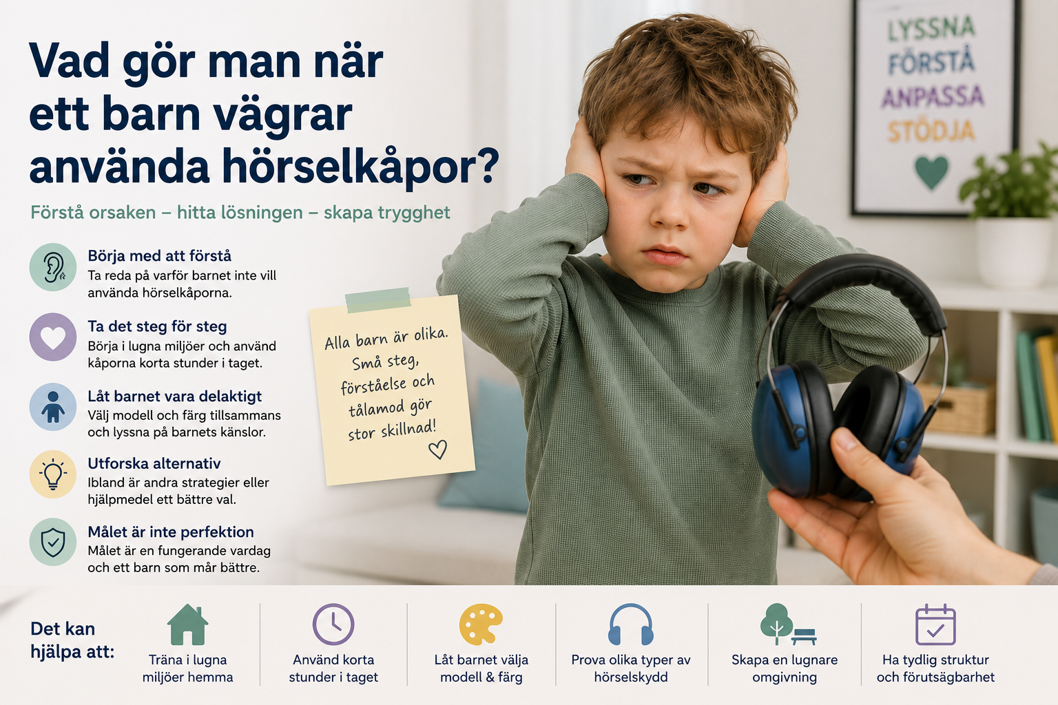 Illustration till NPFbutikens artikel "Vad gör man när ett barn vägrar använda hörselkåpor?". Bilden visar ett barn som tydligt signalerar att det inte vill ta på sig ett par hörselkåpor som hålls fram av en vuxen. Miljön är lugn och trygg och kompletteras med symboler för förståelse, delaktighet och individanpassade lösningar. Bilden illustrerar att motstånd mot hörselkåpor ofta handlar om sensoriska upplevelser, passform eller andra individuella behov snarare än ovilja. Artikeln beskriver vanliga orsaker till att barn tackar nej till hörselkåpor, hur ljudkänslighet kan se olika ut vid autism, ADHD och andra neuropsykiatriska funktionsnedsättningar (NPF), samt vilka strategier, anpassningar och alternativa hjälpmedel som kan bidra till en tryggare vardag hemma, i förskolan och i skolan. Fokus ligger på att förstå barnets upplevelse och hitta lösningar tillsammans istället för att tvinga fram användning.