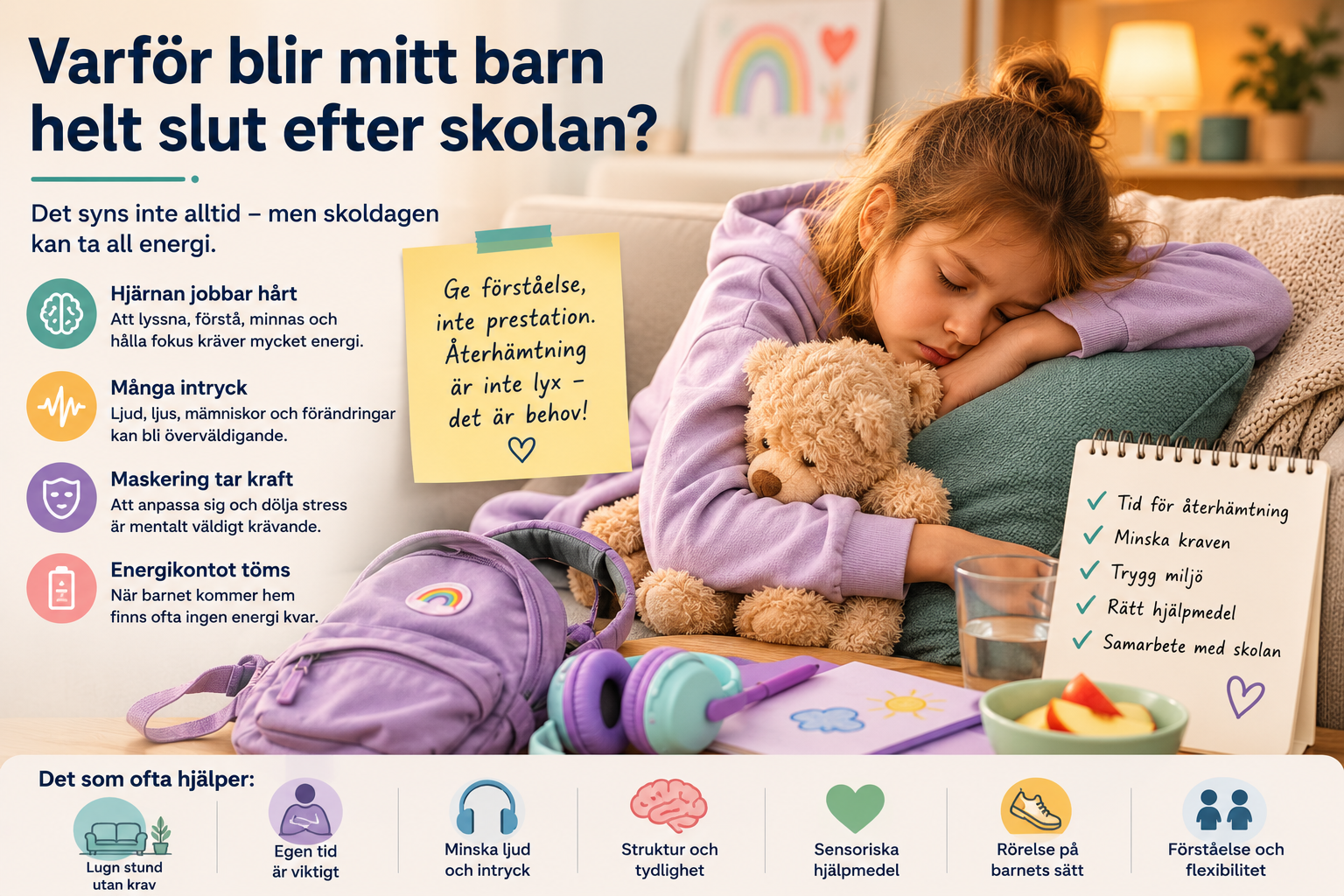 Illustration till NPFbutikens artikel "Varför blir mitt barn helt slut efter skolan?". Bilden visar ett barn som vilar utmattat hemma i soffan efter skoldagens slut, med skolryggsäck, skolmaterial och en lugn hemmiljö omkring sig. Bilden symboliserar hur en vanlig skoldag kan innebära hög mental belastning, många sensoriska intryck och stora sociala krav, även när barnet verkar ha haft en bra dag i skolan. Artikeln förklarar varför vissa barn blir extremt trötta, ledsna, arga eller får utbrott efter skolan och hur detta kan hänga samman med autism, ADHD, maskering, sensorisk överbelastning och kognativ ansträngning. Den beskriver även hur återhämtning, tydliga rutiner, lugna aktiviteter och individanpassade hjälpmedel kan bidra till en mer hållbar vardag för barnet och familjen.