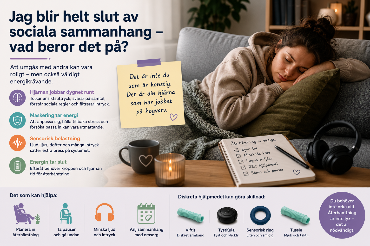 Illustration till NPFbutikens artikel "Jag blir helt slut av sociala sammanhang – vad beror det på?". Bilden visar en vuxen person som vilar ensam hemma efter ett socialt sammanhang. Miljön är lugn och dämpad med filt, soffa och en stillsam atmosfär som symboliserar återhämtning efter mental och sensorisk belastning. Runt personen illustreras orsaker till social utmattning, såsom social informationsbearbetning, maskering, många sinnesintryck och hög mental ansträngning. Bilden visar även exempel på strategier som planerad återhämtning, lugna miljöer, pauser och diskreta sensoriska hjälpmedel som kan bidra till att minska stress och bevara energi. Artikeln förklarar varför vissa personer blir helt utmattade efter sociala aktiviteter, hur detta kan hänga samman med autism, ADHD och andra neuropsykiatriska funktionsnedsättningar (NPF), samt hur bättre förståelse, energihantering och individanpassade hjälpmedel kan skapa en mer hållbar vardag.