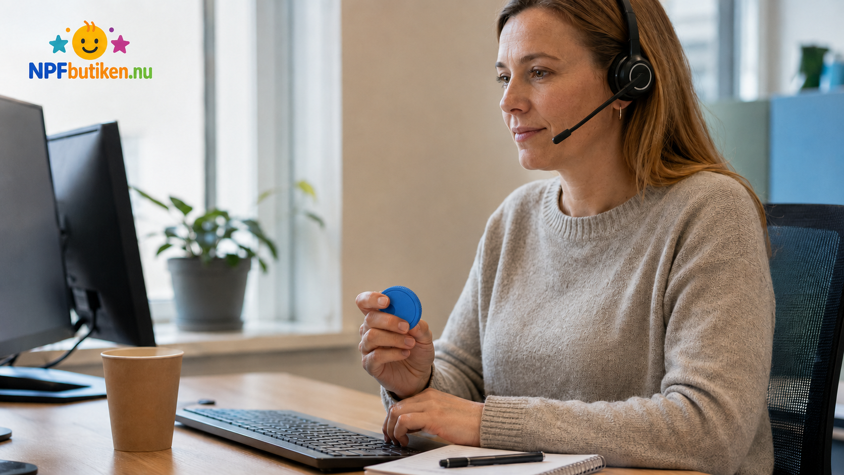 En kvinna arbetar vid en dator med headset inom kundtjänst och håller en blå, rund och diskret snurrfidget i handen. På skrivbordet står en pappmugg bredvid tangentbordet. Bilden visar hur en tyst fidget kan användas naturligt på jobbet för att hålla händerna sysselsatta under telefonsamtal och datorarbete. NPFbutikens logotyp syns i bildens övre vänstra hörn.