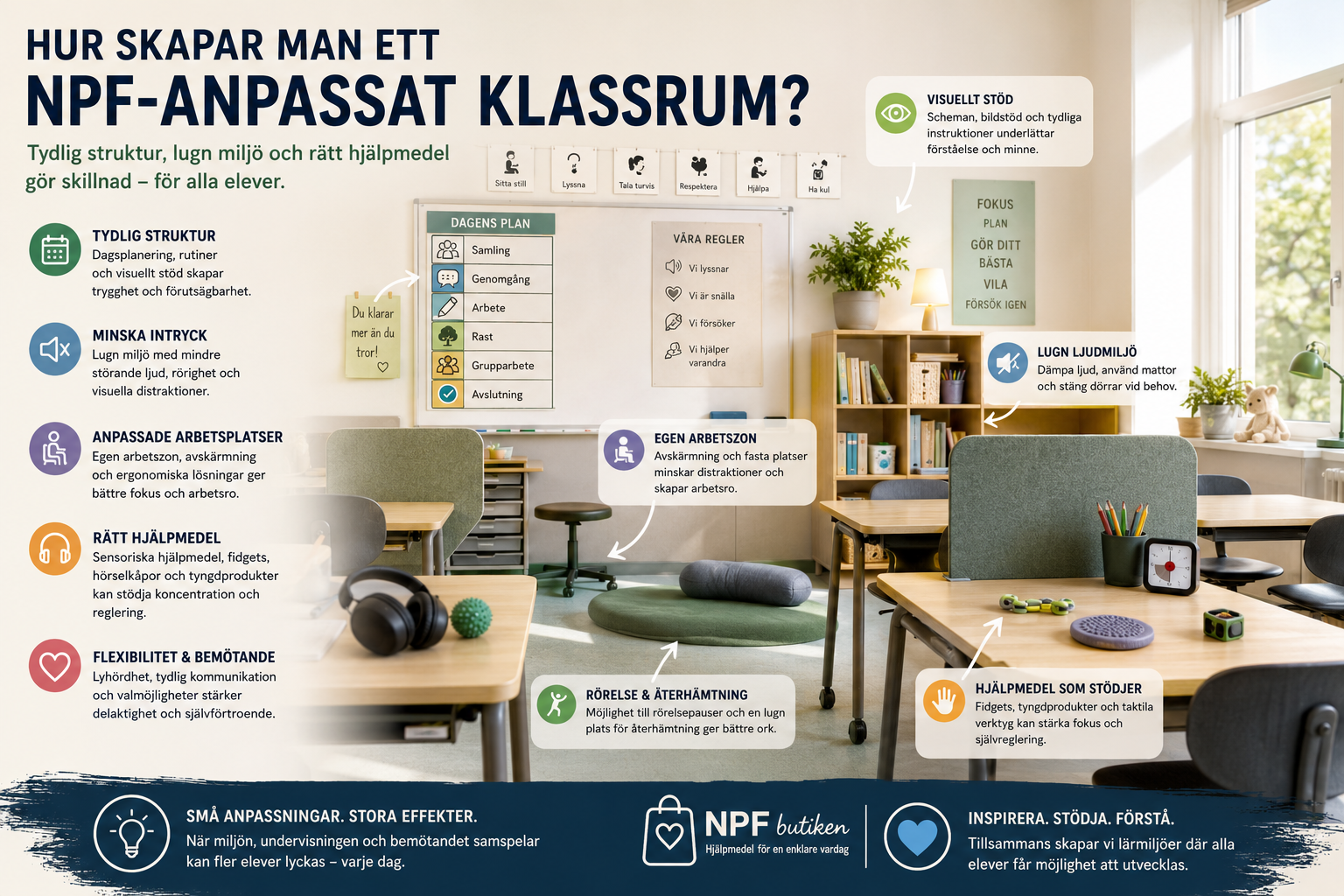 "Illustration av ett lugnt och NPF-anpassat klassrum med tydlig struktur, visuellt schema, avskärmningsskärmar, hörselkåpor och sensoriska hjälpmedel. Bilden visar hur en inkluderande lärmiljö kan stödja elever med ADHD, autism och andra neuropsykiatriska funktionsnedsättningar (NPF)."