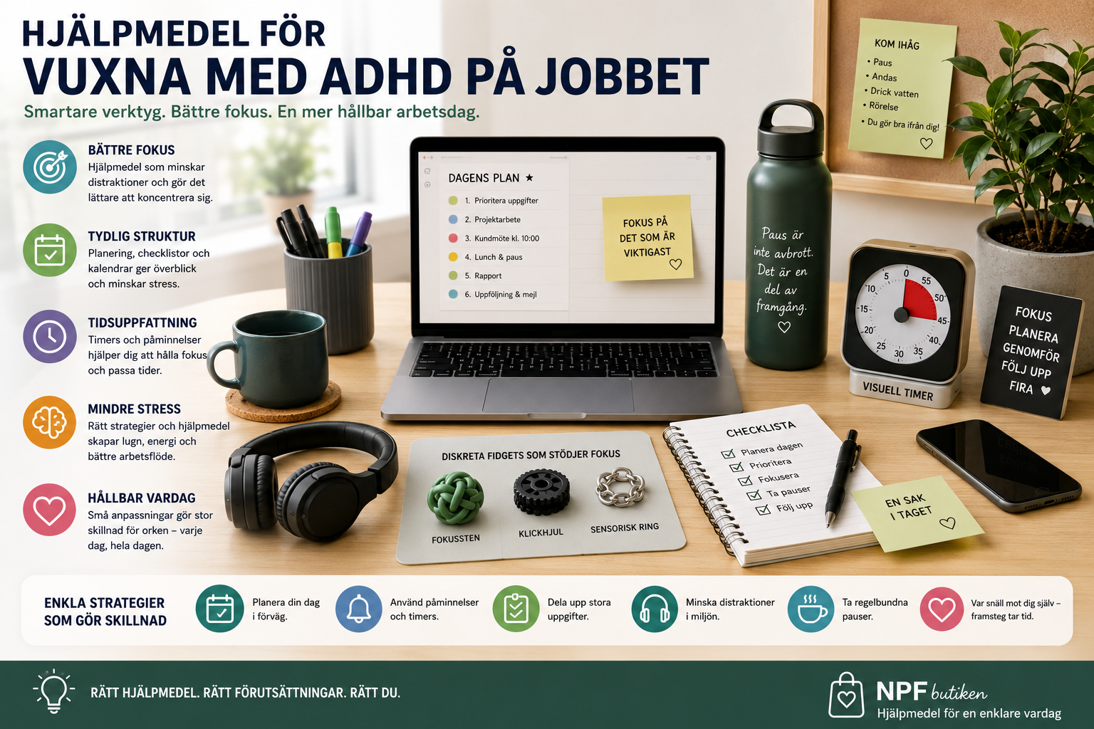 Illustration av en modern arbetsplats med hjälpmedel för vuxna med ADHD, inklusive hörselkåpor, visuell timer, checklista, digital planering och diskreta fidgets som fokussten, klickhjul och sensorisk ring. Bilden visar strategier för bättre fokus, struktur, planering och minskad stress i arbetslivet.