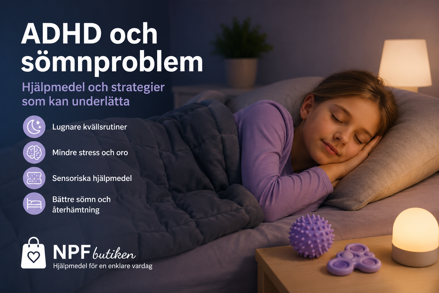 Illustration av ett lugnt sovrum där en person sover tryggt under ett täcke. På nattduksbordet syns sensoriska hjälpmedel och mjuk belysning som symboliserar strategier för bättre sömn vid ADHD. Bilden handlar om sömnproblem, kvällsrutiner, återhämtning och hjälpmedel som kan bidra till lugnare kvällar.