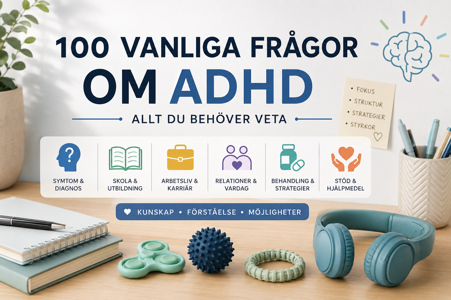 Illustration med rubriken '100 vanliga frågor om ADHD – allt du behöver veta'. På ett skrivbord syns anteckningsblock, hörselkåpor och sensoriska hjälpmedel som fidget, fokusring och massageboll. Bilden symboliserar vanliga frågor om ADHD, diagnos, symtom, behandling, hjälpmedel, skola, arbete och strategier för en fungerande vardag