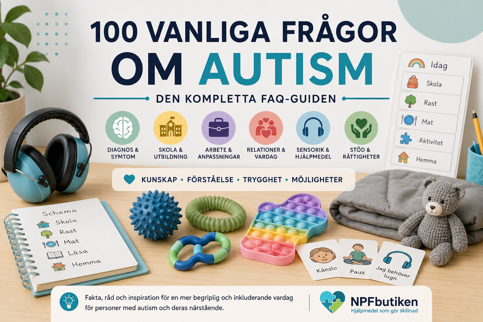 Illustration med rubriken "100 vanliga frågor om autism – den kompletta FAQ-guiden". På ett skrivbord syns hörselkåpor, sensoriska hjälpmedel, ett visuellt schema, kommunikationskort, en tyngdfilt och en mjuk nalle. Bilden symboliserar autism, sensorisk känslighet, struktur, hjälpmedel, skola, arbete och vardagsstöd för barn och vuxna med autismspektrumtillstånd (AST).