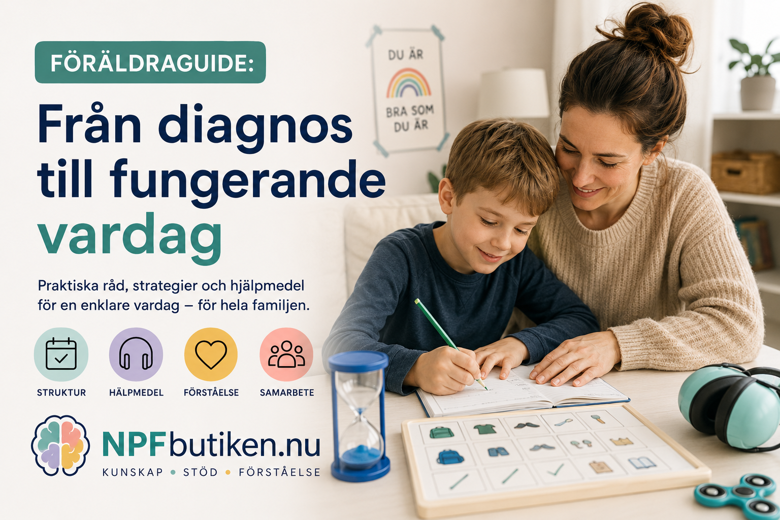 Förälder och barn sitter tillsammans i en lugn och ombonad hemmiljö med visuellt dagschema, hörselkåpor, timstock och sensoriska hjälpmedel på bordet. Bilden symboliserar trygghet, struktur och stöd i vardagen för familjer med ADHD, autism och andra NPF-diagnoser. Omslagsbild för guiden "Föräldraguide: Från diagnos till fungerande vardag" från NPFbutiken.nu.