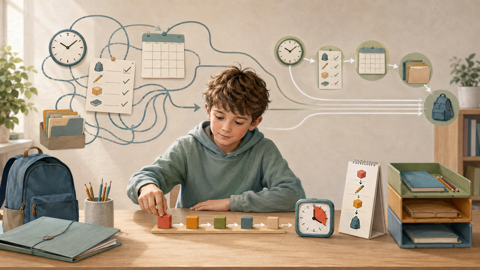 Illustration av ett barn som använder visuella steg, timer och organiserat material för att planera och genomföra en uppgift.