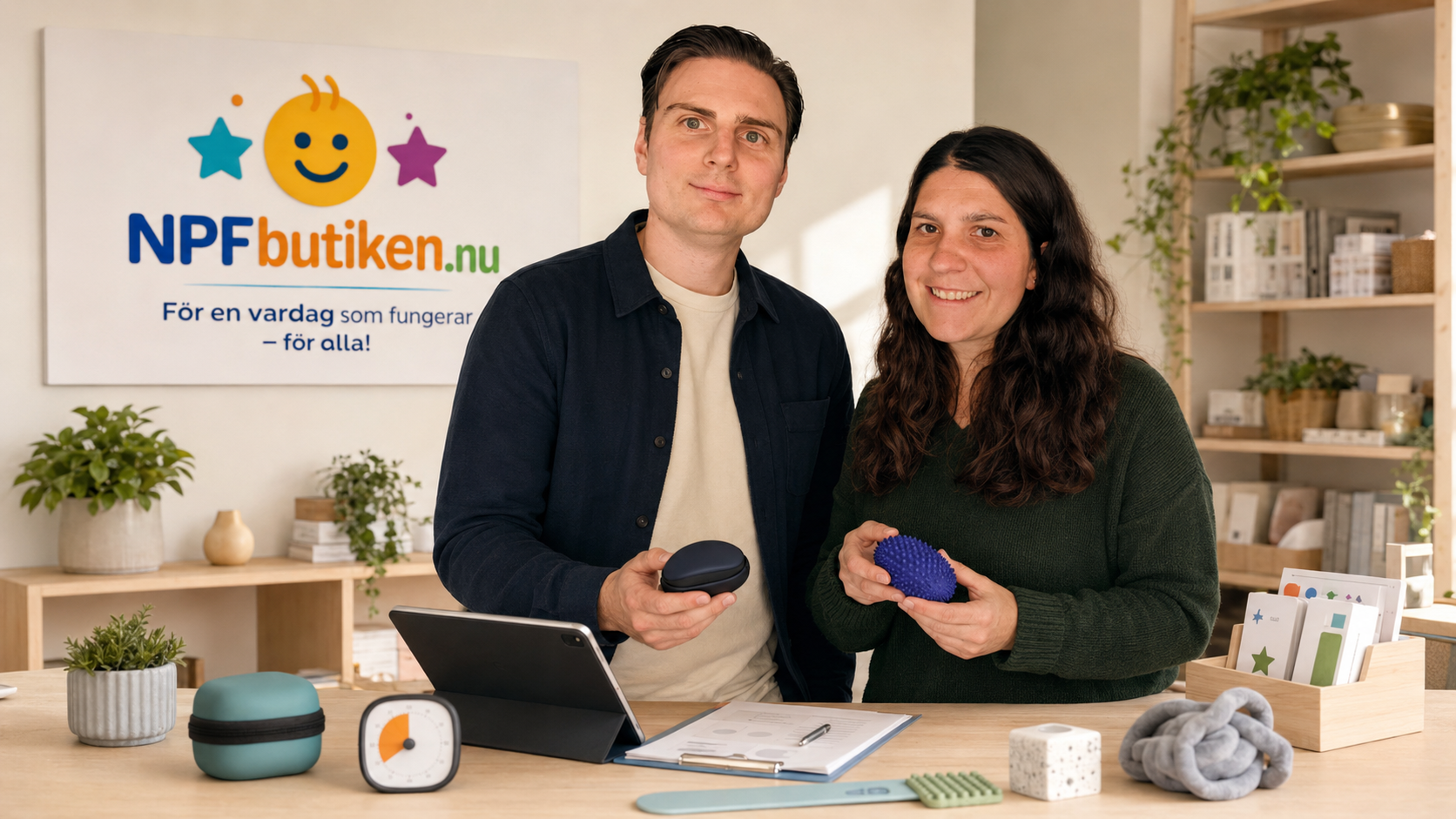 Alfred och Paulina Lingström granskar hjälpmedel i NPFbutikens produktstudio, med företagets logotyp i bakgrunden.