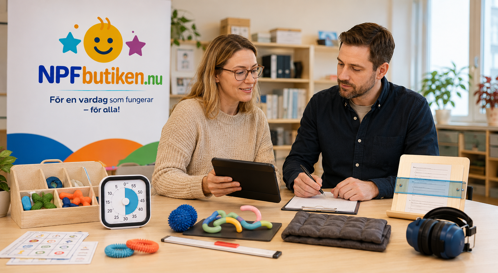 Två pedagoger går igenom sensoriska hjälpmedel, fidgetprodukter, visuell timer, läshjälp och hörselskydd framför NPFbutikens logotyp.