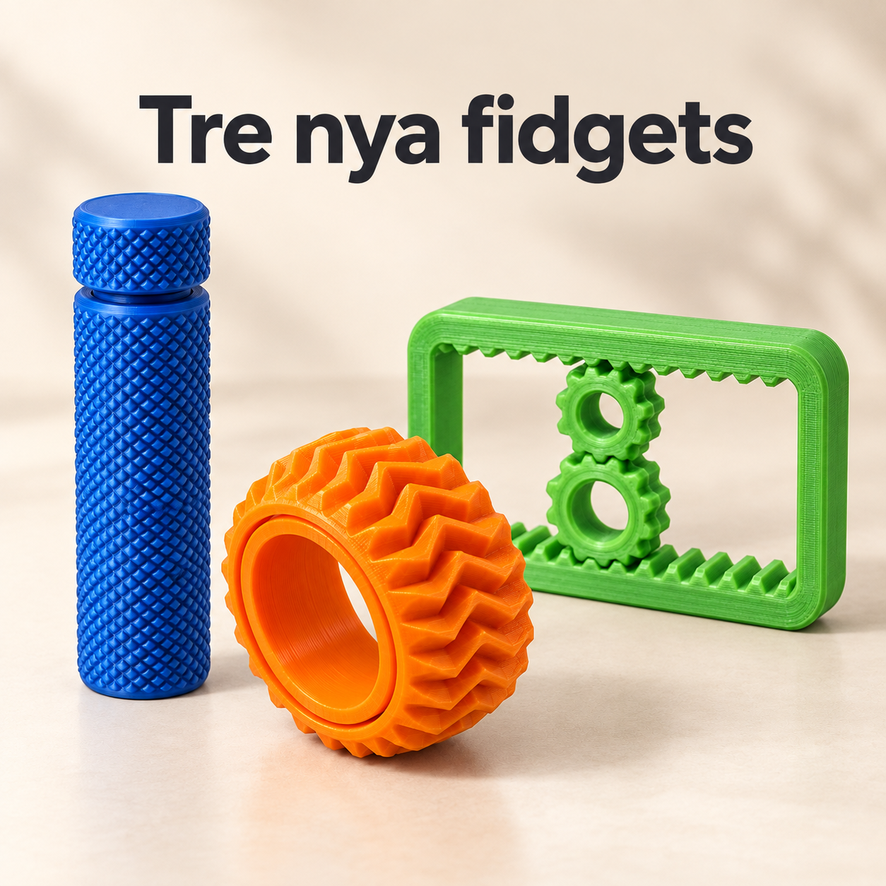 Blå Vridklickaren, orange Kugghjulsring och grön Kuggbanan – tre taktila fidgetprodukter från Formiq för personer med ADHD, autism och rastlösa händer.