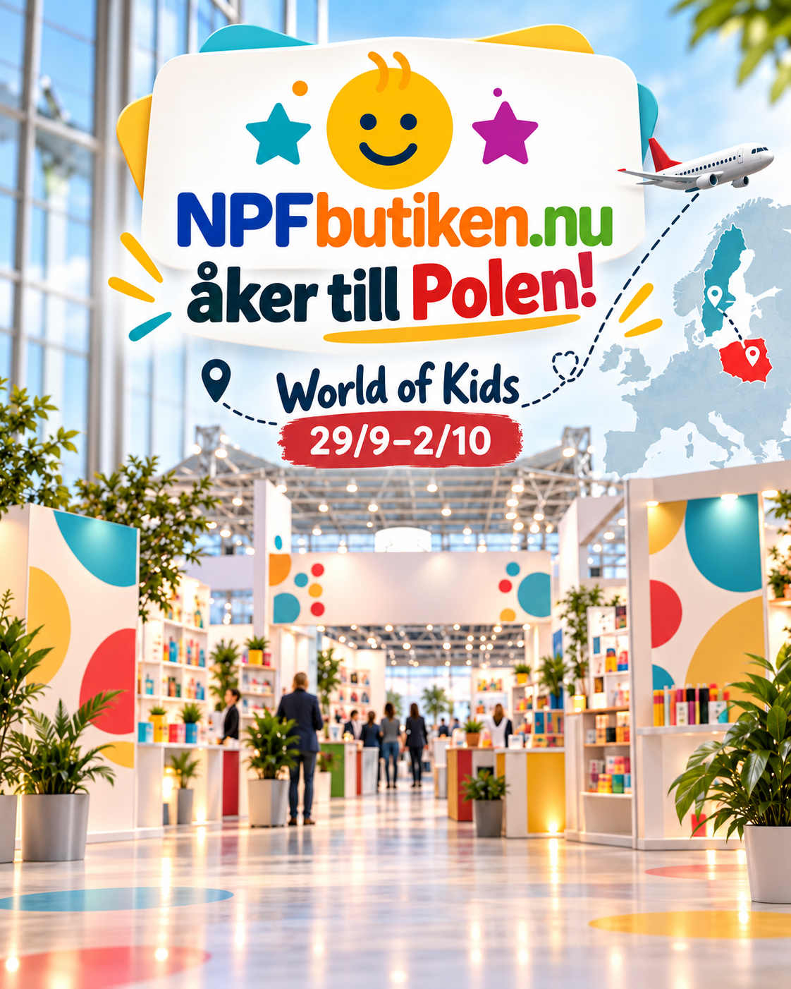 NPFbutikens logotyp ovanför en modern mässhall med flygplan och karta över resan från Sverige till World of Kids i Polen den 29 september–2 oktober.