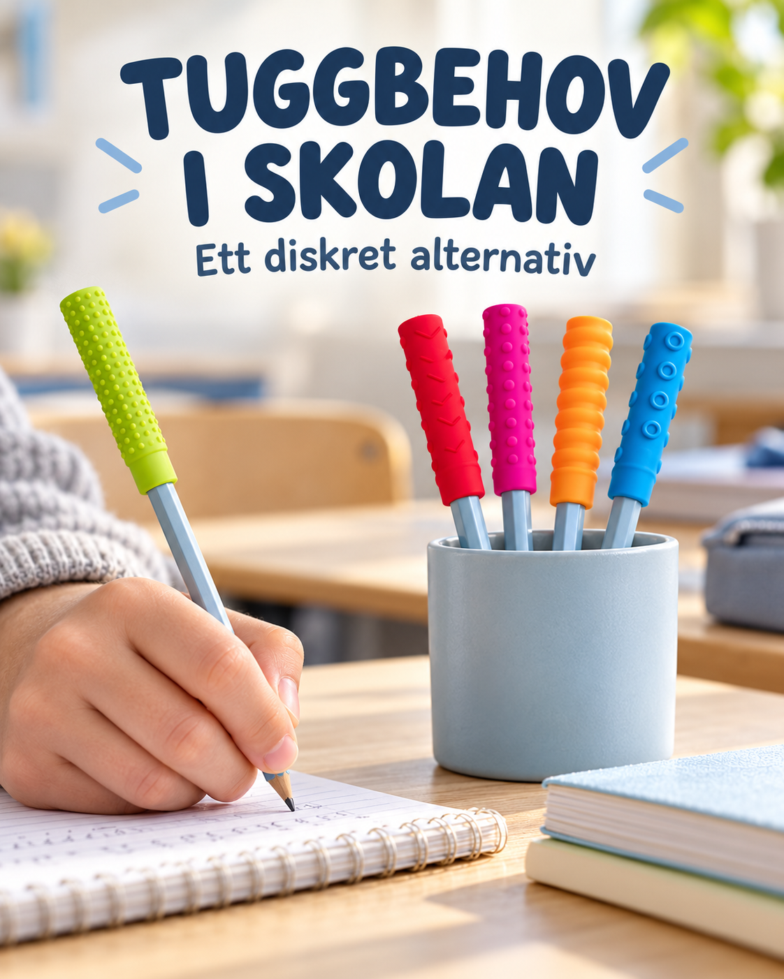Fem färgglada tuggpenntoppar med olika taktila mönster sitter på pennor i ett klassrum. En hand skriver i ett block. Överst står ”Tuggbehov i skolan – Ett diskret alternativ”