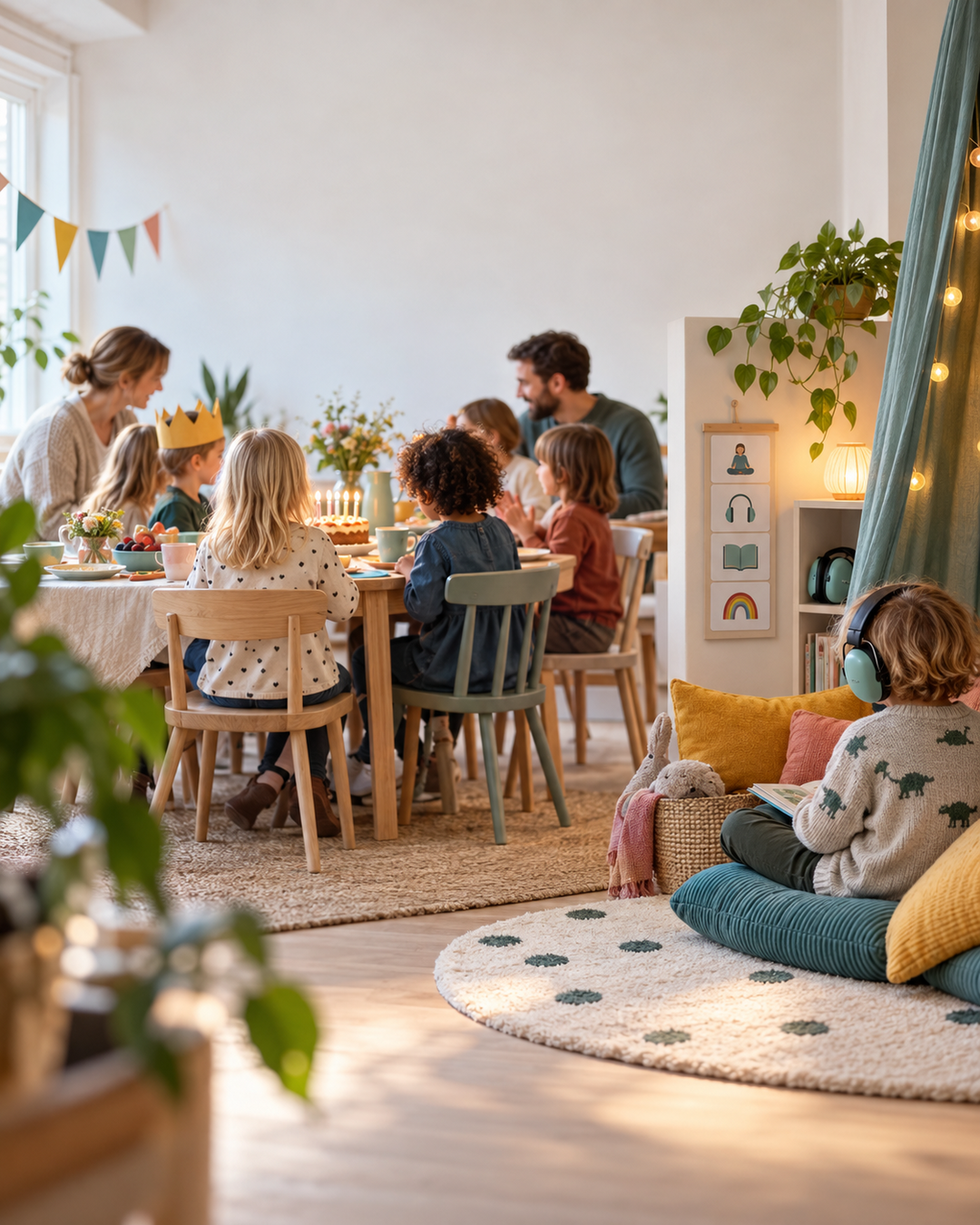 Illustrationsbild av ett lugnt barnkalas där flera barn sitter vid ett födelsedagsbord och ett barn tar paus i en avskild hörna med hörselkåpor och bildschema.