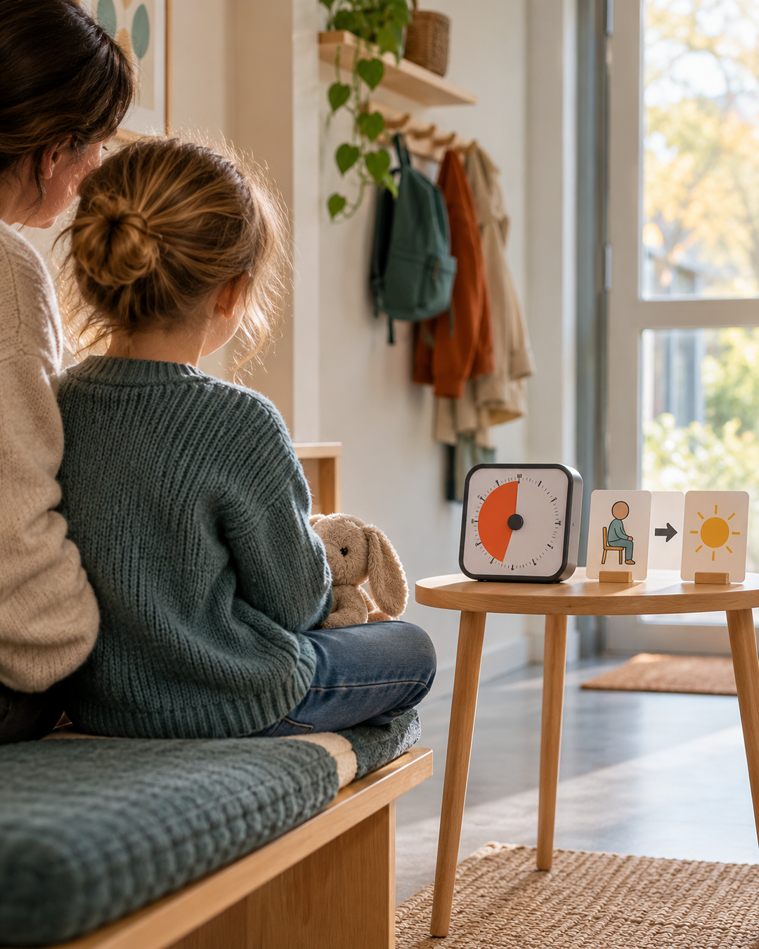 Redaktionell illustration av ett barn och en vuxen som sitter i en lugn hall framför en visuell timer och två bildkort som visar väntan och nästa aktivitet.