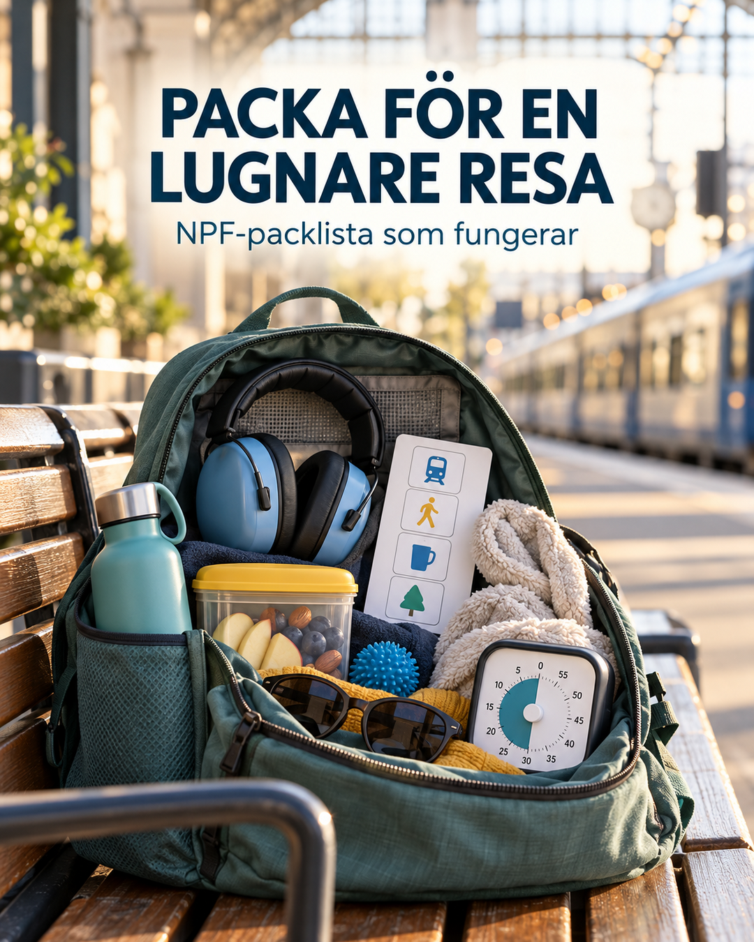 llustrerad reseväska på en tågstation med hörselkåpor, bildstöd, timer, vattenflaska, mellanmål, solglasögon och ett litet fidgethjälpmedel. Texten lyder ”Packa för en lugnare resa – NPF-packlista som fungerar”.