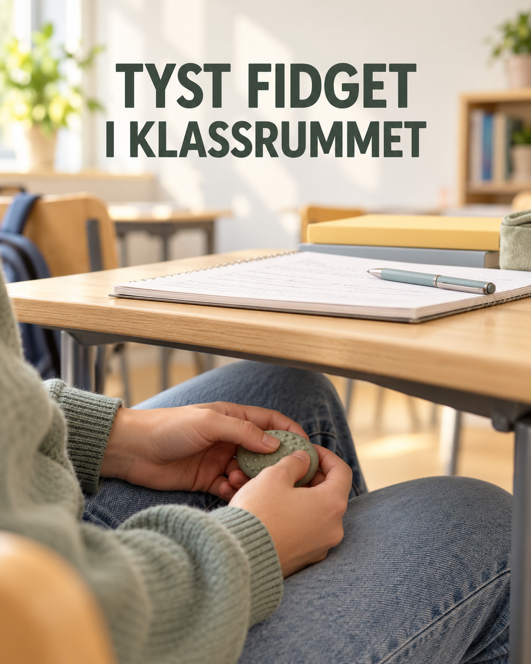 Elev sitter vid en skolbänk med skrivblock och håller en liten grön taktil fidget under bordet. Rubriken lyder ”Tyst fidget i klassrummet”.