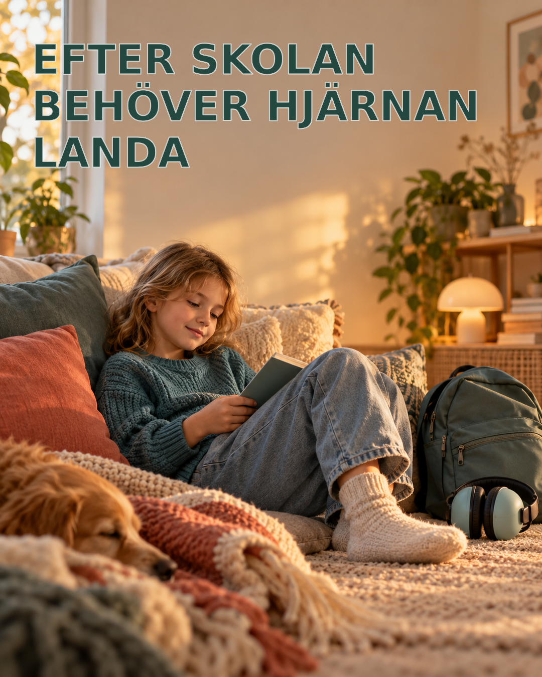 Barn sitter avslappnat i en varm, lugn vardagsrumshörna efter skolan med ryggsäck och hörselkåpor bredvid sig. Rubriken lyder ”Efter skolan behöver hjärnan landa”.