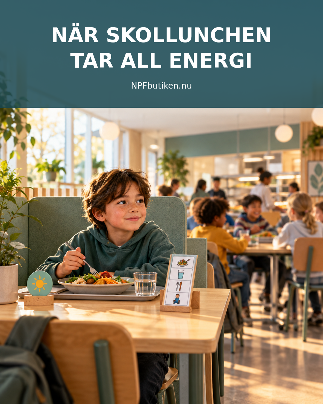 Illustrerad skolmatsal där ett barn äter vid en lugn, avskärmad plats med ett enkelt visuellt måltidsstöd, medan övriga matsalen syns i bakgrunden.