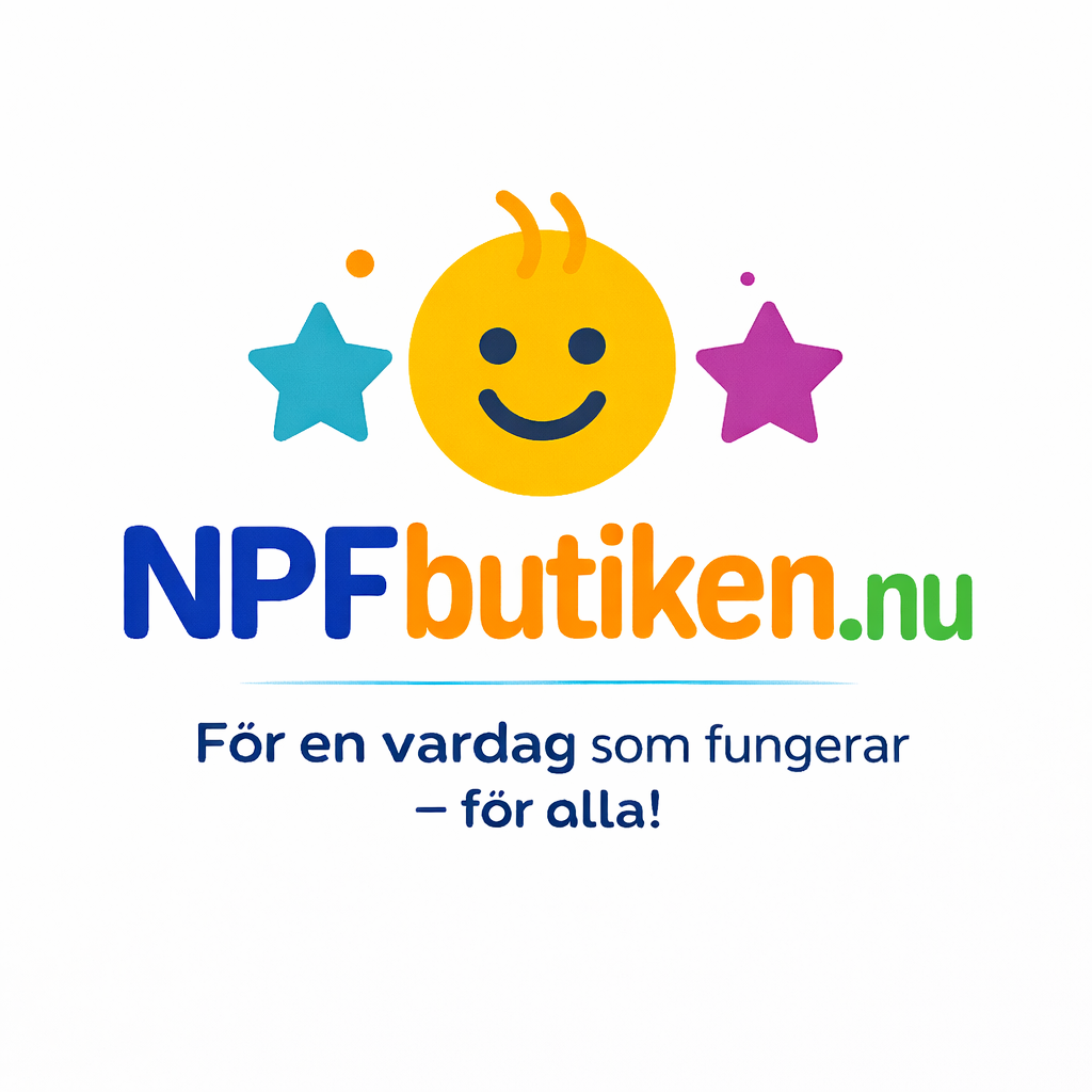 Glad gul sol-emoji med leende ansikte, stjärnor och texten NPFbutiken.nu på vit bakgrund.
